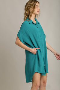 Umgee Placket Hidden Button Down Shirt Dress in Turquoise Dress Umgee   