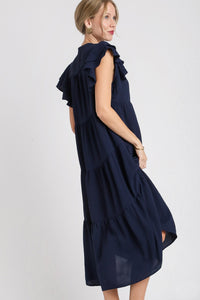 Umgee Split Neck A-Line Tiered Midi Dress in Navy Dresses Umgee   