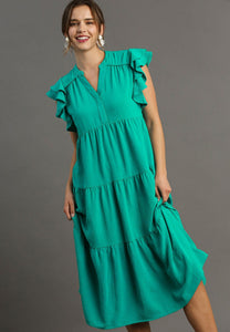 Umgee Split Neck A-Line Tiered Midi Dress in Jade Dresses Umgee   