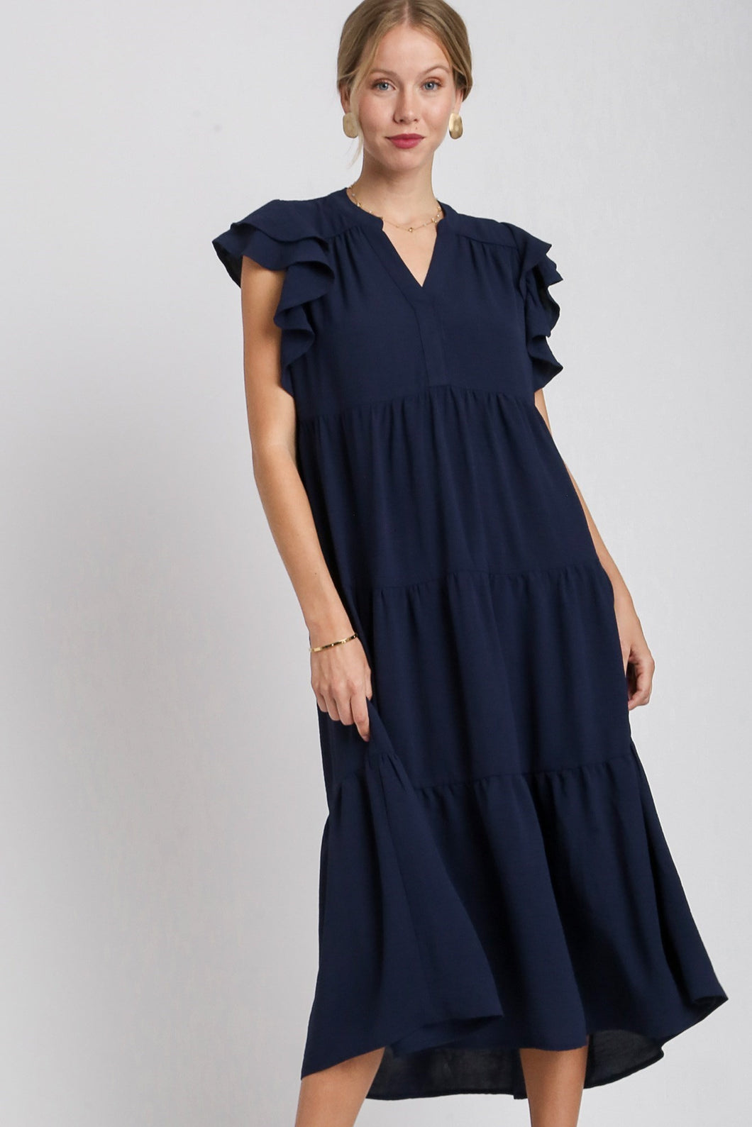 Umgee Split Neck A-Line Tiered Midi Dress in Navy Dresses Umgee   