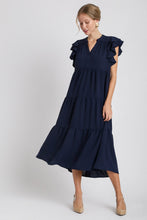 Load image into Gallery viewer, Umgee Split Neck A-Line Tiered Midi Dress in Navy Dresses Umgee   
