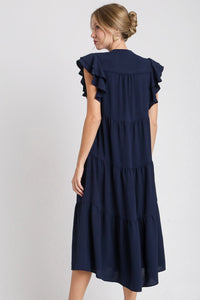 Umgee Split Neck A-Line Tiered Midi Dress in Navy Dresses Umgee   