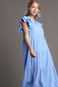 Umgee Split Neck A-Line Tiered Midi Dress in Light Blue Dresses Umgee   