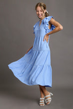 Load image into Gallery viewer, Umgee Split Neck A-Line Tiered Midi Dress in Light Blue Dresses Umgee   
