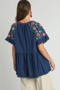 Umgee Linen Blend Babydoll Top with Embroidery Details in Navy Shirts & Tops Umgee   