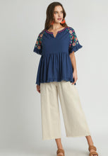 Load image into Gallery viewer, Umgee Linen Blend Babydoll Top with Embroidery Details in Navy Shirts &amp; Tops Umgee   
