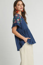 Load image into Gallery viewer, Umgee Linen Blend Babydoll Top with Embroidery Details in Navy Shirts &amp; Tops Umgee   
