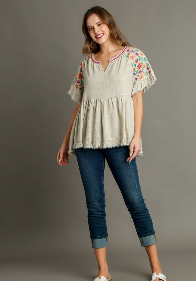 Umgee Linen Blend Babydoll Top with Embroidery Details in Oatmeal Shirts & Tops Umgee   