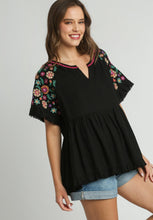 Load image into Gallery viewer, Umgee Linen Blend Babydoll Top with Embroidery Details in Black Shirts &amp; Tops Umgee   
