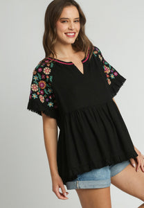 Umgee Linen Blend Babydoll Top with Embroidery Details in Black Shirts & Tops Umgee   