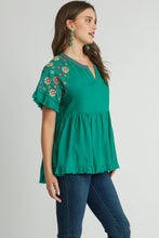 Load image into Gallery viewer, Umgee Linen Blend Babydoll Top with Embroidery Details in Emerald Green Shirts &amp; Tops Umgee   
