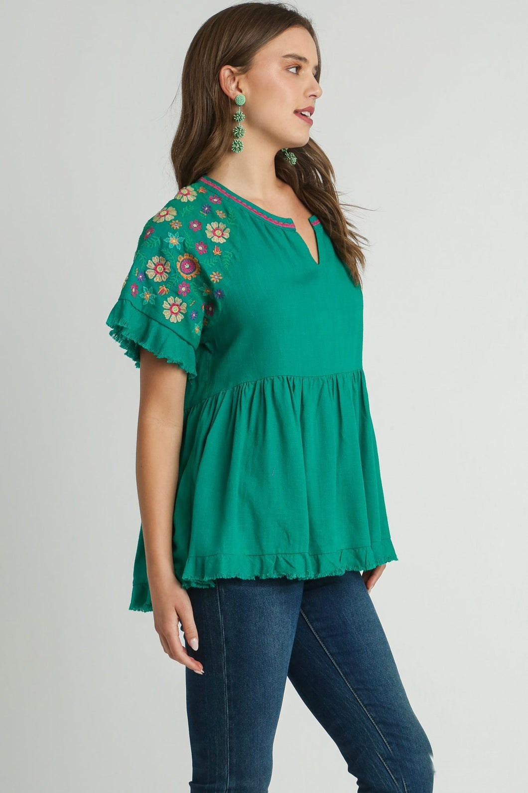 Umgee Linen Blend Babydoll Top with Embroidery Details in Emerald Green Shirts & Tops Umgee   