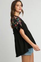 Load image into Gallery viewer, Umgee Linen Blend Babydoll Top with Embroidery Details in Black Shirts &amp; Tops Umgee   
