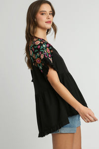 Umgee Linen Blend Babydoll Top with Embroidery Details in Black Shirts & Tops Umgee   