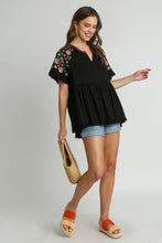 Load image into Gallery viewer, Umgee Linen Blend Babydoll Top with Embroidery Details in Black Shirts &amp; Tops Umgee   
