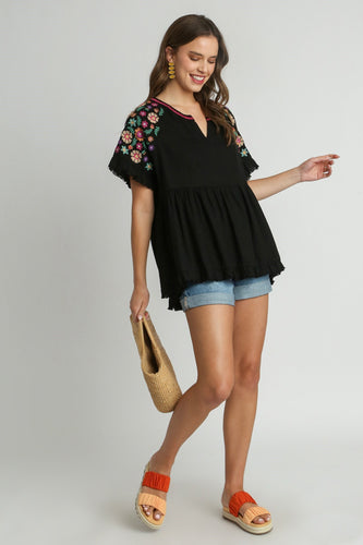 Umgee Linen Blend Babydoll Top with Embroidery Details in Black Shirts & Tops Umgee   