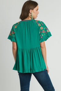 Umgee Linen Blend Babydoll Top with Embroidery Details in Emerald Green Shirts & Tops Umgee   