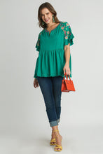 Load image into Gallery viewer, Umgee Linen Blend Babydoll Top with Embroidery Details in Emerald Green Shirts &amp; Tops Umgee   
