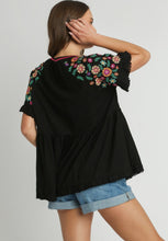 Load image into Gallery viewer, Umgee Linen Blend Babydoll Top with Embroidery Details in Black Shirts &amp; Tops Umgee   
