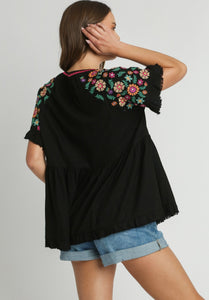 Umgee Linen Blend Babydoll Top with Embroidery Details in Black Shirts & Tops Umgee   