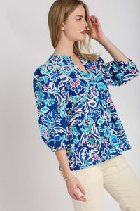 Umgee Mixed Print Boxy Cut Top in Blue Mix Shirts & Tops Umgee   