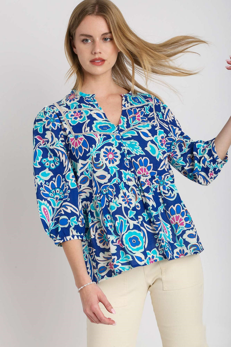 Umgee Mixed Print Boxy Cut Top in Blue Mix – June Adel