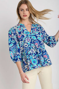 Umgee Mixed Print Boxy Cut Top in Blue Mix Shirts & Tops Umgee   