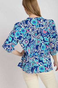 Umgee Mixed Print Boxy Cut Top in Blue Mix Shirts & Tops Umgee   