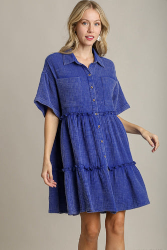 Umgee Mineral Wash Cotton Gauze Button Down Dress in Royal Blue Dress Umgee   