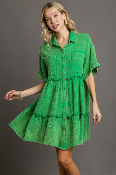 Umgee Mineral Wash Cotton Gauze Button Down Dress in Apple Green – June Adel