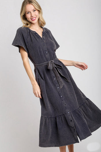 Umgee Cotton Gauze Belted Midi Dress in Navy
