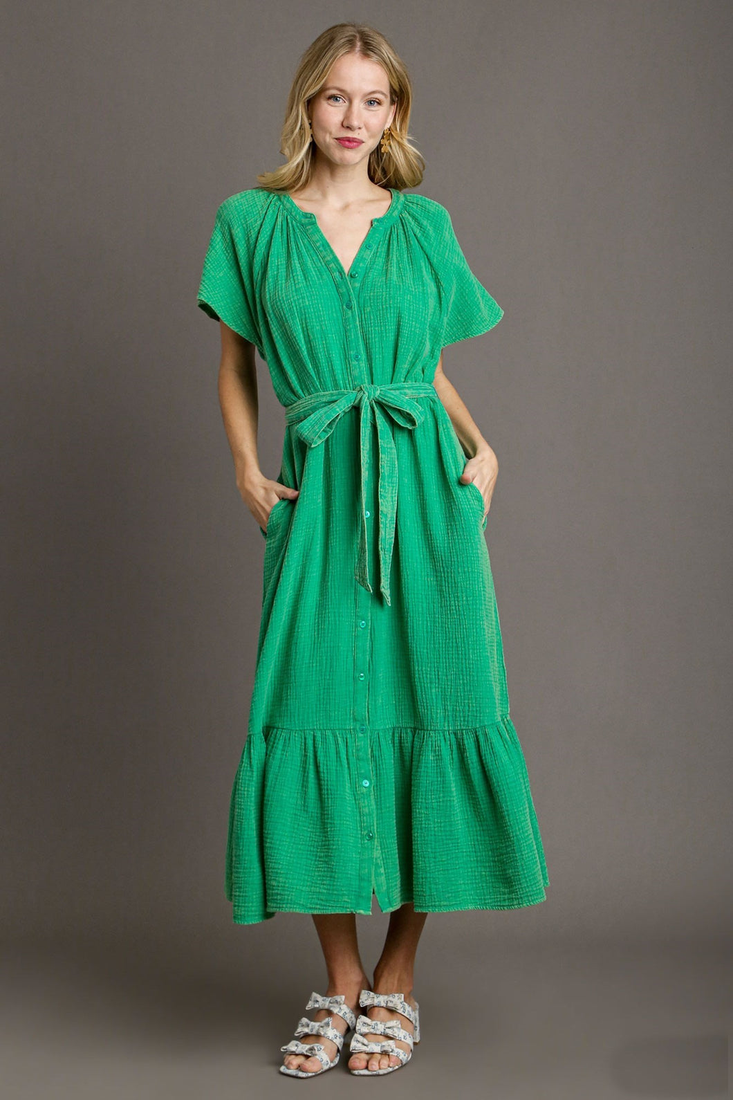 Umgee Cotton Gauze Belted Midi Dress in Green