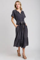Umgee Cotton Gauze Belted Midi Dress in Navy