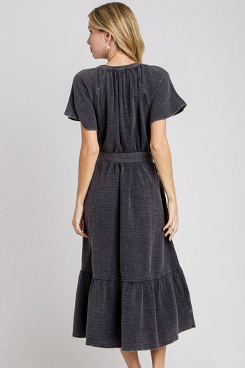 Umgee Cotton Gauze Belted Midi Dress in Navy