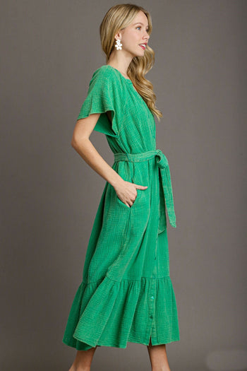 Umgee Cotton Gauze Belted Midi Dress in Green