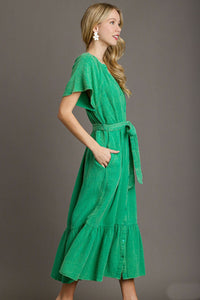 Umgee Cotton Gauze Belted Midi Dress in Green