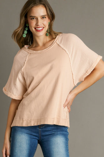Umgee French Terry & Cotton Gauze Mixed Boxy Cut Top in Natural ON ORDER Shirts & Tops Umgee   