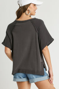Umgee French Terry & Cotton Gauze Mixed Boxy Cut Top in Charcoal Shirts & Tops Umgee   