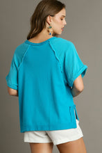 Load image into Gallery viewer, Umgee French Terry &amp; Cotton Gauze Mixed Boxy Cut Top in Aqua Shirts &amp; Tops Umgee   
