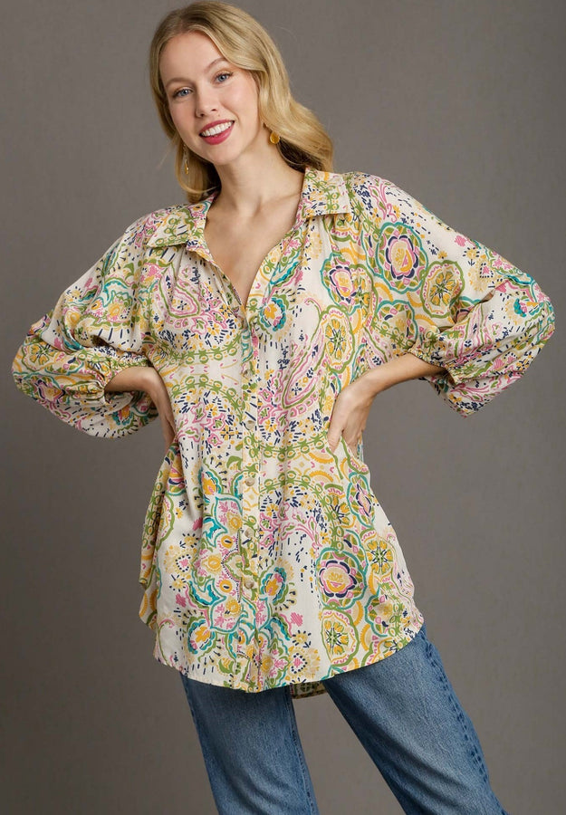 Umgee Mixed Print Button Down Top in Green Mix Shirts & Tops Umgee   