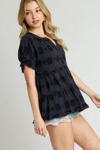 Umgee Baby Doll Top with Textured Swiss Dot Jacquard Print in Navy Shirts & Tops Umgee   