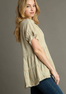 Umgee Baby Doll Top with Textured Swiss Dot Jacquard Print in Oatmeal Shirts & Tops Umgee   