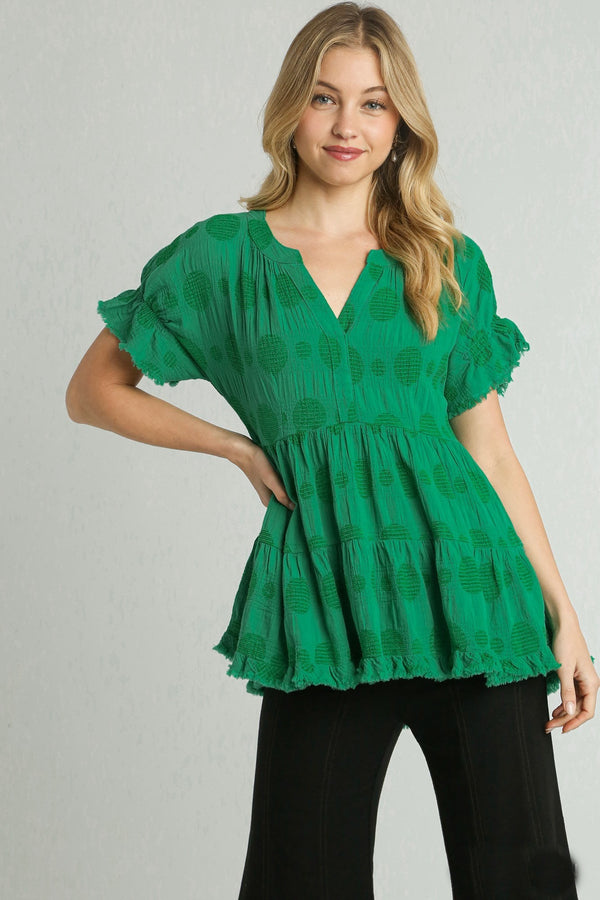 Umgee Baby Doll Top with Textured Swiss Dot Jacquard Print in Green Shirts & Tops Umgee   
