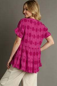 Umgee Baby Doll Top with Textured Swiss Dot Jacquard Print in Raspberry Shirts & Tops Umgee   