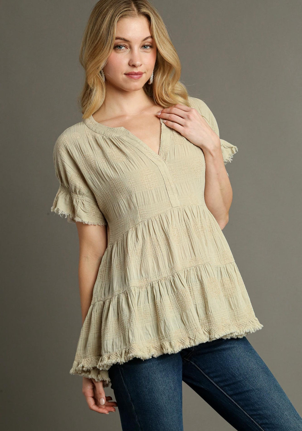 Umgee Baby Doll Top with Textured Swiss Dot Jacquard Print in Oatmeal Shirts & Tops Umgee   