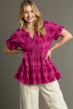 Load image into Gallery viewer, Umgee Baby Doll Top with Textured Swiss Dot Jacquard Print in Raspberry Shirts &amp; Tops Umgee   
