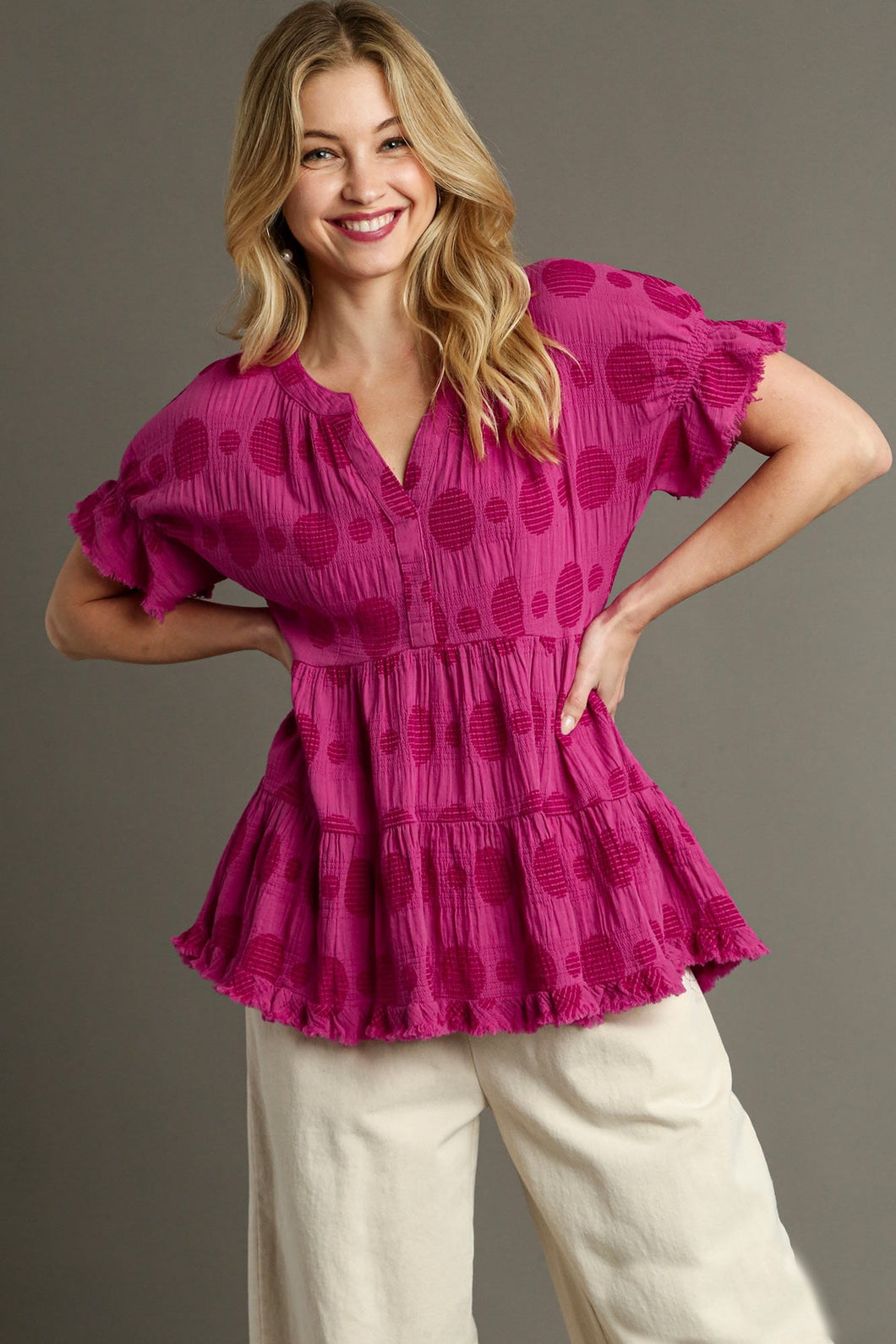 Umgee Baby Doll Top with Textured Swiss Dot Jacquard Print in Raspberry Shirts & Tops Umgee   