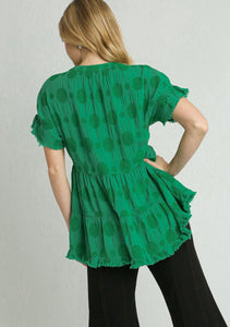 Umgee Baby Doll Top with Textured Swiss Dot Jacquard Print in Green Shirts & Tops Umgee   