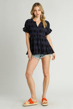 Load image into Gallery viewer, Umgee Baby Doll Top with Textured Swiss Dot Jacquard Print in Navy Shirts &amp; Tops Umgee   
