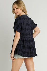 Umgee Baby Doll Top with Textured Swiss Dot Jacquard Print in Navy Shirts & Tops Umgee   